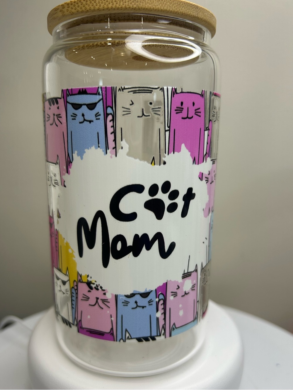 16oz Glass Cat Mom Tumbler with Bamboo Lid and Glass Straw